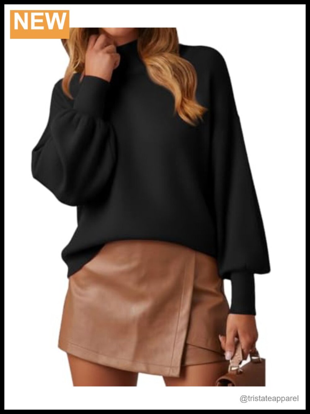 Mock Neck Long Lantern Sleeve Lightweight Knit Sweater Pullover